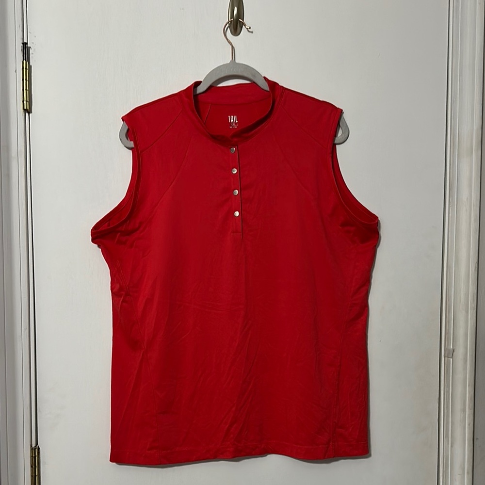Tail Red Sleeveless Muscle Tee with Mandarin Collar